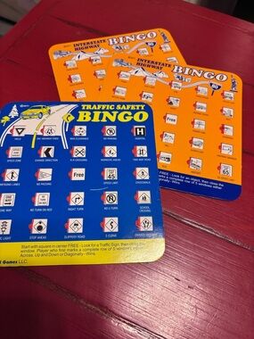 Old school car game. Traffic Safety Bingo Game for in car on vacation set of 3